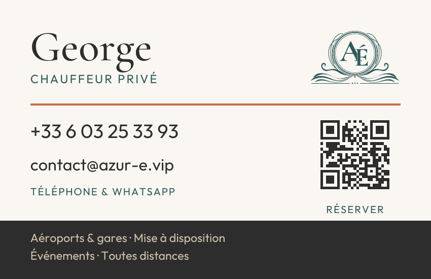 Verso crème de la carte : George, chauffeur privé, +33 6 03 25 33 93, contact@azur-e.vip et QR de réservation WhatsApp.